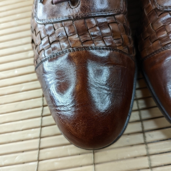 Bostonian Florentine Brown Leather Cap Toe Woven Shoes Oxford Made in Italy Men\'